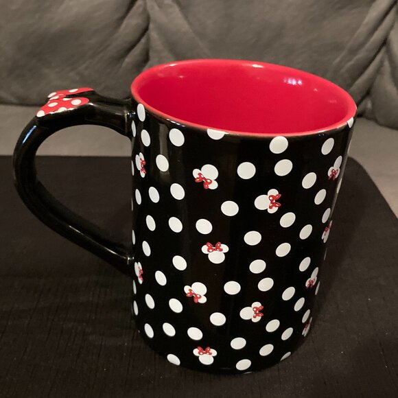 Disney Minnie Mouse Coffee Mug Cup-3D Black/White & Red Polka-Hair Bow on Handle - Picture 3 of 9